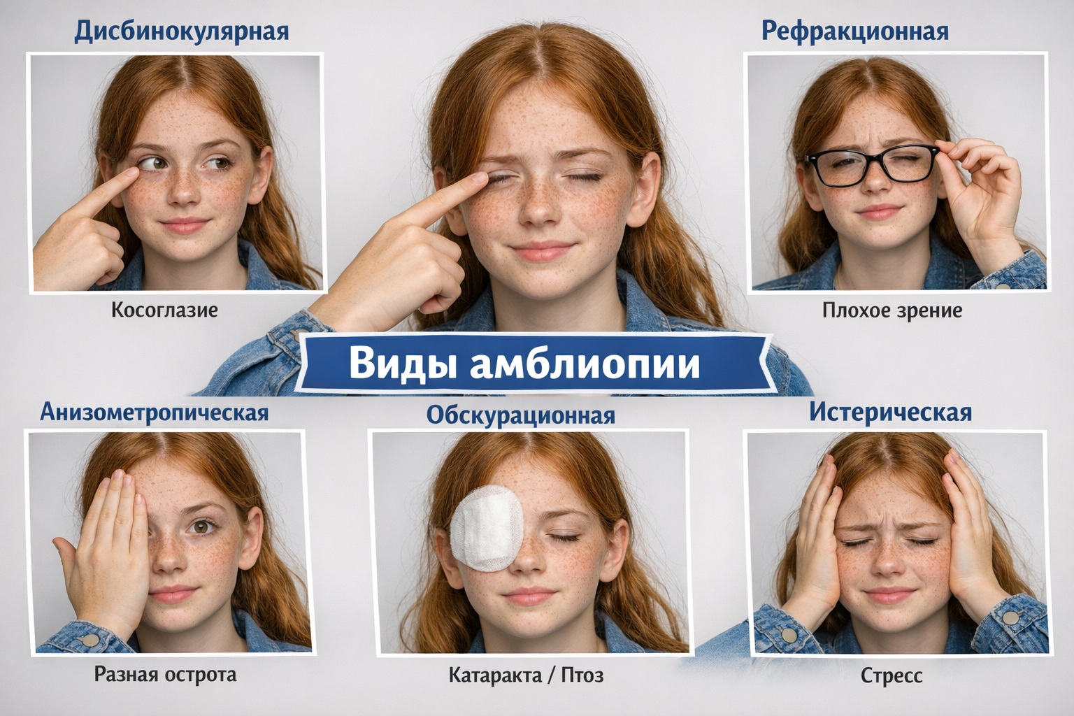 Рыжая девочка 14 лет показывает виды амблиопии