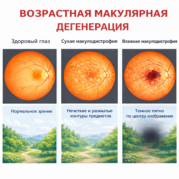 Сравнение здоровой сетчатки и сетчатки с макулодистрофией