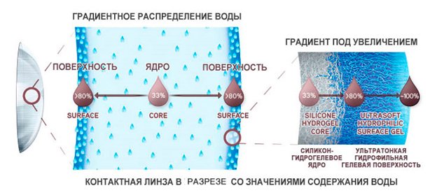 Контактная линза в разрезе со значениями содержания воды