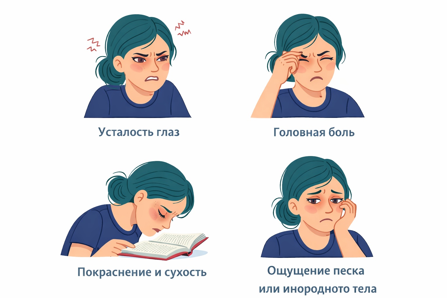 Усталость глаз, Головная боль, Покраснение и сухость, ощущение песка или инородного тела