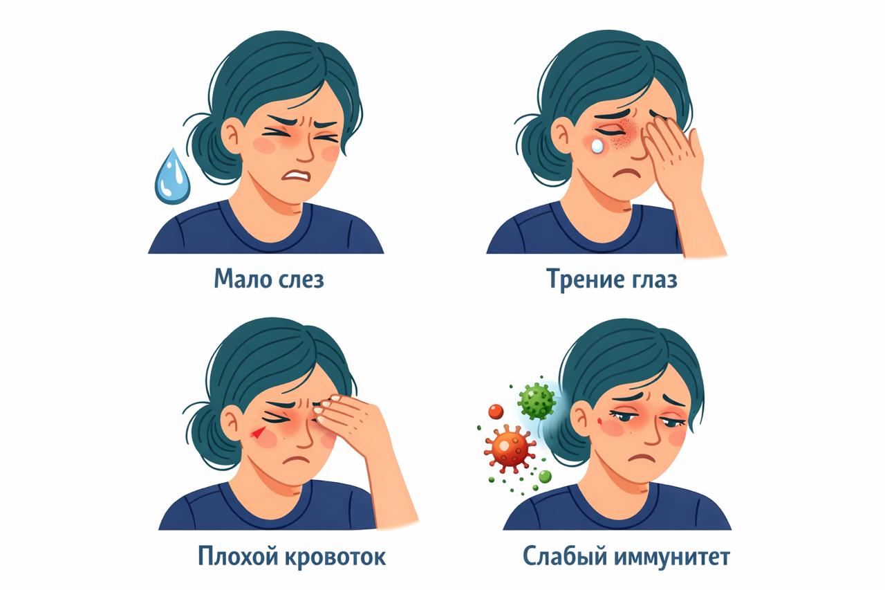 Мало слез, Трение глаз, Плохой кровоток, Слабый именитет