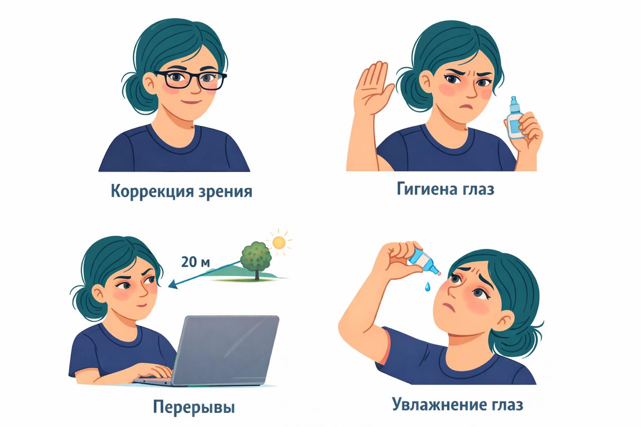 Коррекция зрения, Гигиена глаз, Перерывы, Увлежнение глаз