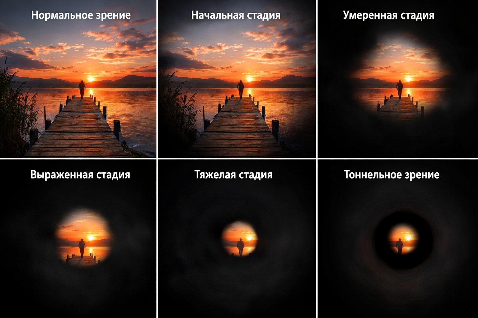 Схема сужения поля зрения при глаукоме